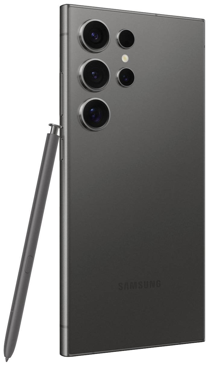 Ein schwarzes Smartphone mit vier Kameralinsen auf der Rückseite, daneben ein passender Eingabestift.