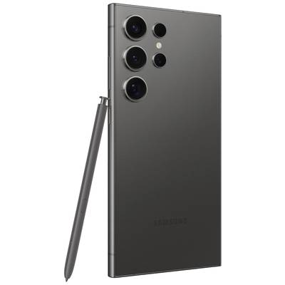 Ein schwarzes Smartphone mit vier Kameralinsen auf der Rückseite, daneben ein passender Eingabestift.