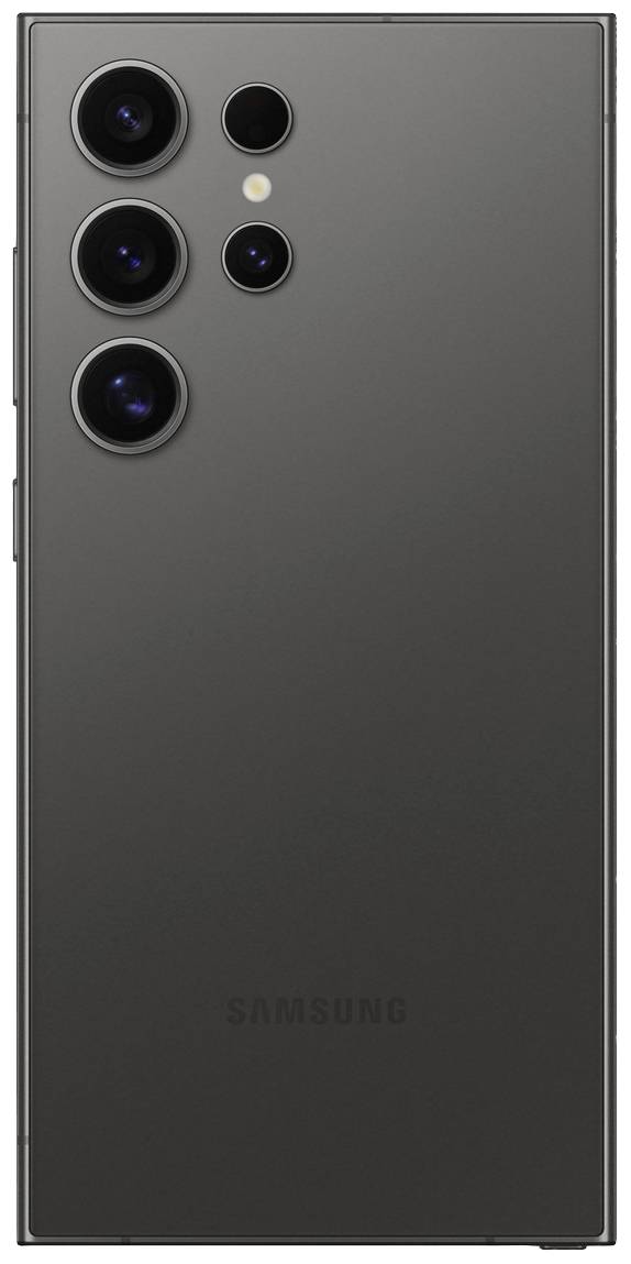 Rückansicht eines schwarzen Smartphones mit fünf Kameralinsen und einem Blitz.