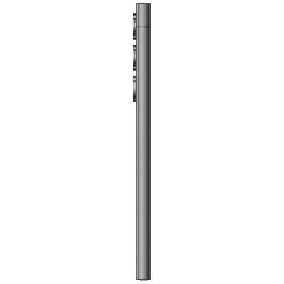 Ein modernes Smartphone in Silber von der Seite, zeigt die schlanke Form und die herausragende Kameraeinheit mit drei Objektiven.