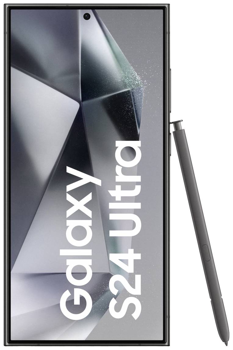 Smartphone mit eckigem Design und Stylus, darauf der Text 'Galaxy S24 Ultra'.