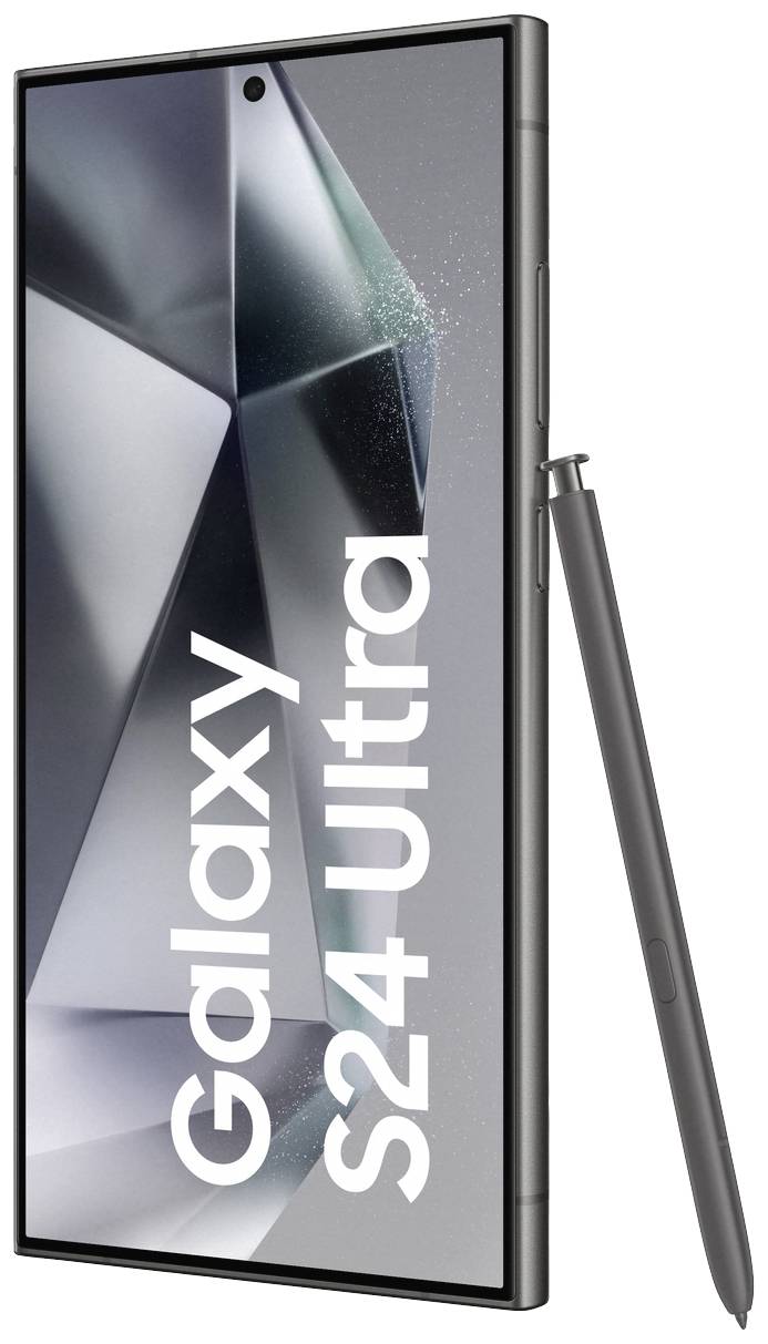Smartphone mit großem Bildschirm und stylus daneben. Auf dem Display steht 'Galaxy S24 Ultra'. Gerätefarbe: dunkel.