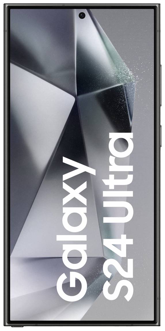 Ein Smartphone 'Galaxy S24 Ultra', silbernes Design mit Glaselementen. Text 'Galaxy S24 Ultra' vertikal auf dem Bildschirm.