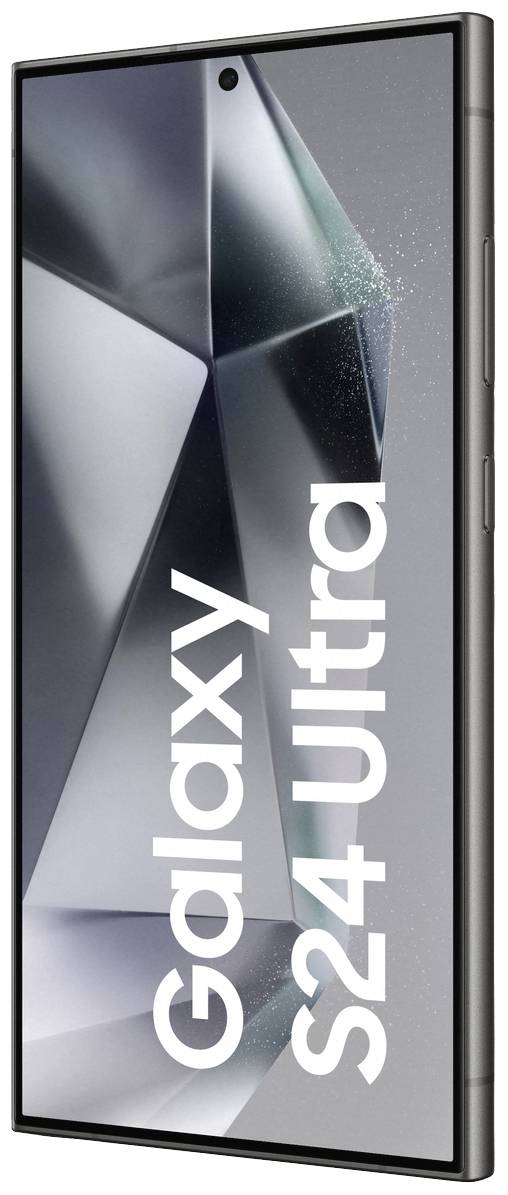 Ein Smartphone mit großem Display und der Aufschrift 'Galaxy S24 Ultra'. Das Design ist modern und zeigt metallische Grautöne.