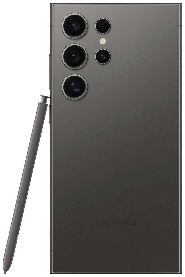 Schwarzes Smartphone mit vier Kameralinsen und einem LED-Blitz auf der Rückseite. Ein Stift ist an der Seite angelehnt.