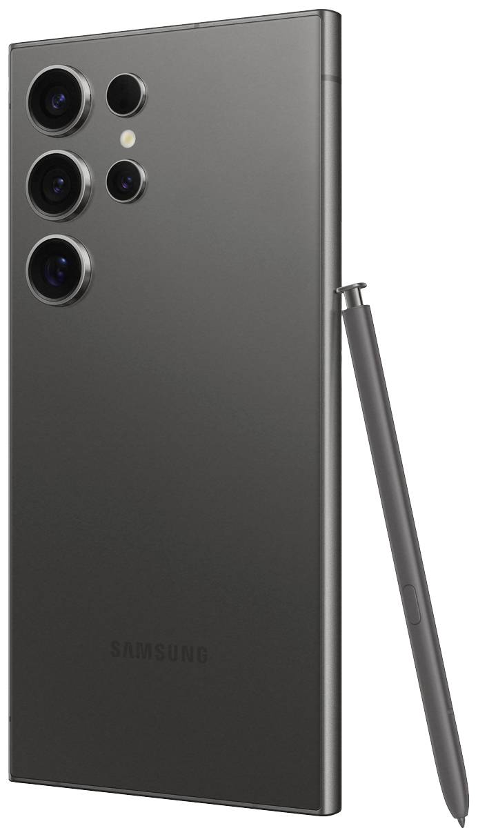 Ein schwarzes Smartphone mit vier Kameralinsen, Blitz und einem herausnehmbaren Stift daneben.