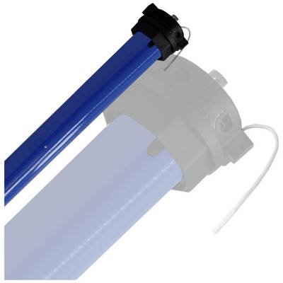 'Ein motorisiertes Rohr, blau, gezeigt mit Anschlussverbindung und Kabel. Es ist teilweise transparent dargestellt, um Details zu zeigen.'
