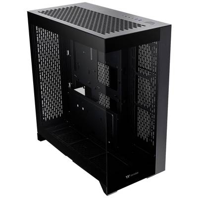 Schwarzes, offenes PC-Gehäuse mit Mesh-Seitenwänden und mehreren Montagepunkten für Hardwarekomponenten.