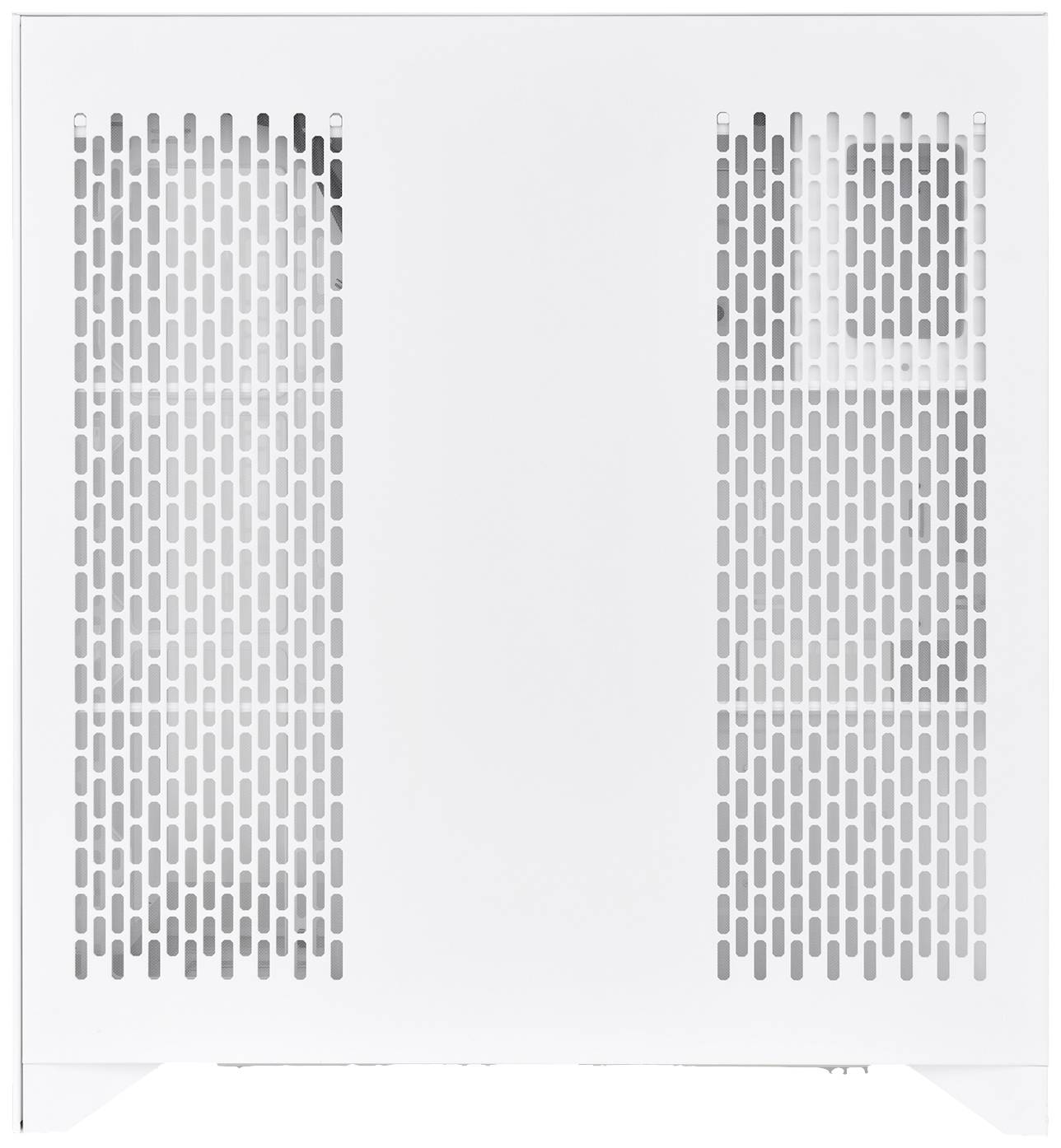 Ein weißes Computergehäuse mit seitlichen Lüftungsschlitzen.