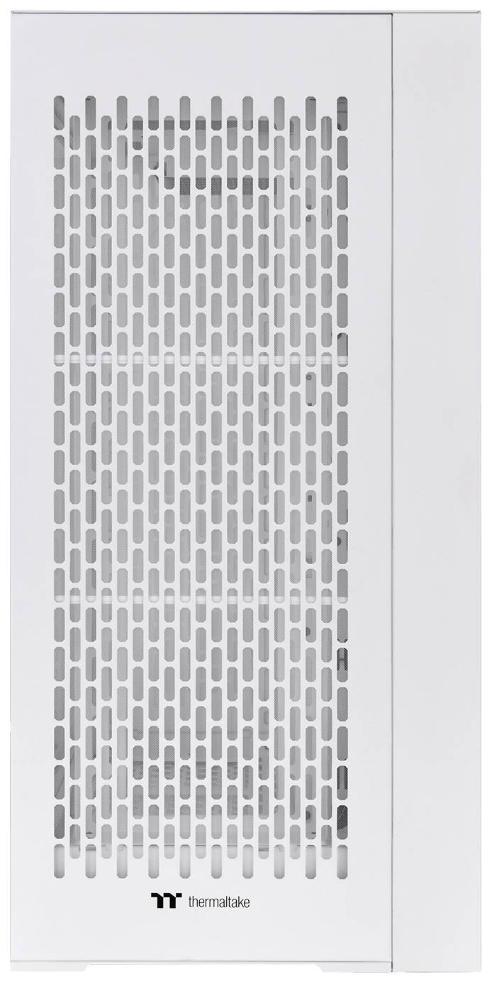 Weißes Computergehäuse mit Lüftungsschlitzen auf der Vorderseite und dem Logo einer bekannten Marke unten.