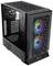 Schwarzes Computergehäuse mit transparentem Seitenteil, zwei vorderseitige Lüfter mit RGB-Beleuchtung, oben vier USB-Anschlüsse.