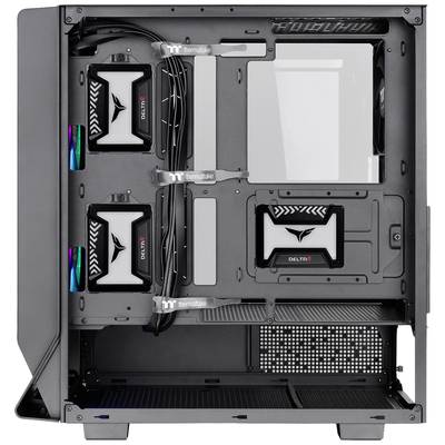 Computergehäuse mit transparentem Fenster und RGB-Beleuchtung; innen Platz für Hauptplatine, Grafikkarten und Kühlungskomponenten.