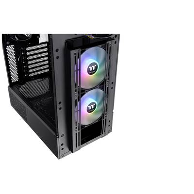 PC-Gehäuse mit zwei RGB-beleuchteten Lüftern. Lüfter zeigen ein gutes Kabelmanagement und sorgen für Kühlung im Gehäuse.