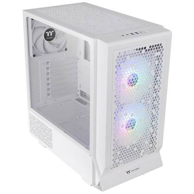 Weißes Computergehäuse mit seitlichem Lüfter und Frontlüftern mit RGB-Beleuchtung. Mesh-Design für optimale Belüftung.
