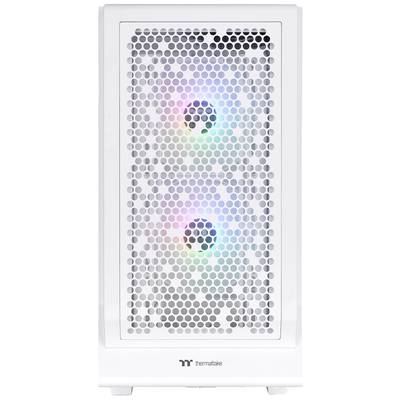Ein weißes Computergehäuse von Thermaltake mit sichtbaren, beleuchteten Lüftern, die durch das sechseckige Gitter schimmern.