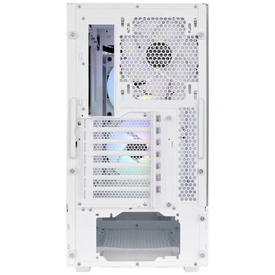 Hinterseite eines weißen Computergehäuses mit Lüfter und mehreren Anschlussplätzen, Lüfter leuchtet blau und lila.