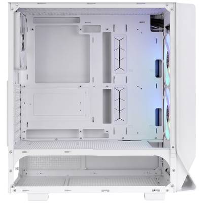 Ein weißes Computergehäuse mit LED-beleuchteten Lüftern und offenem Inneren, das Platz für verschiedene Hardwarekomponenten bietet.