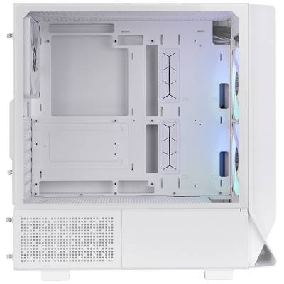 Ein leerer weißer Computergehäuse zeigt Innenraum mit RGB-beleuchteten Lüftern an der Seite.