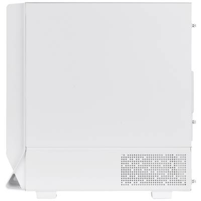 Ein weißes, minimalistisches Computergehäuse mit seitlicher Lüftung. Es steht auf zwei kleinen Füßen und hat eine glatte Oberfläche.