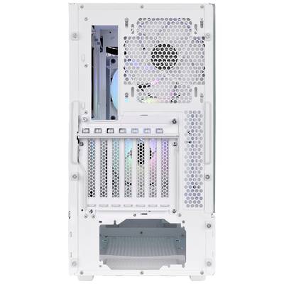 Die Rückseite eines weißen Computergehäuses mit sichtbaren Lüftern und Erweiterungsslots, einige mit Regenbogen-LED-Beleuchtung.