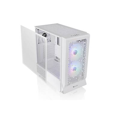 Ein weißes Computergehäuse mit transparenter Seitenwand zeigt zwei beleuchtete Lüfter an der Vorderseite.