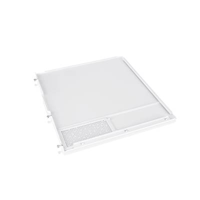 Ein weißer Deckenfilter in quadratischer Form, primär zur Luftreinigung. Auf der unteren Seite befindet sich ein kleines Gittersegment.