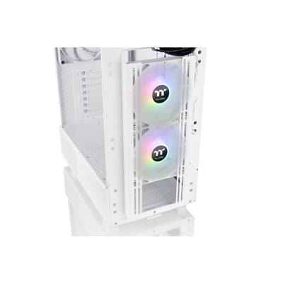 Weißes Computergehäuse mit zwei beleuchteten Lüftern in der Front. Die Lüfter haben ein leuchtendes Logo und zeigen Regenbogenfarben.