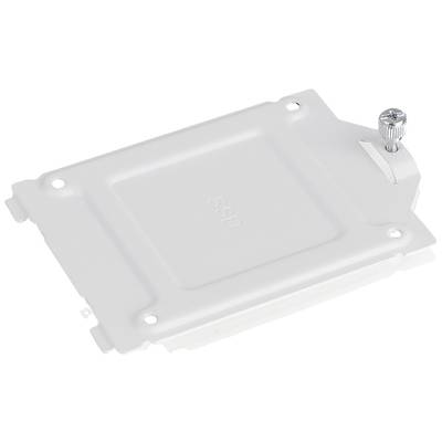 Eine weiße SSD-Halterung mit Metallknopf an der oberen Ecke zur Befestigung in einem Computergehäuse.