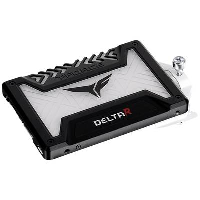 Externe SSD-Treiber 'T-FORCE DELTA R' mit schwarzem Gehäuse und geometrischem Muster, geeignet für Computer- und Spieleanwendungen.