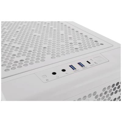 Nahaufnahme eines weißen Computergehäuses mit mehreren Belüftungsschlitzen auf der Oberseite und mehreren Anschlüssen, darunter USB- und Audiobuchsen.