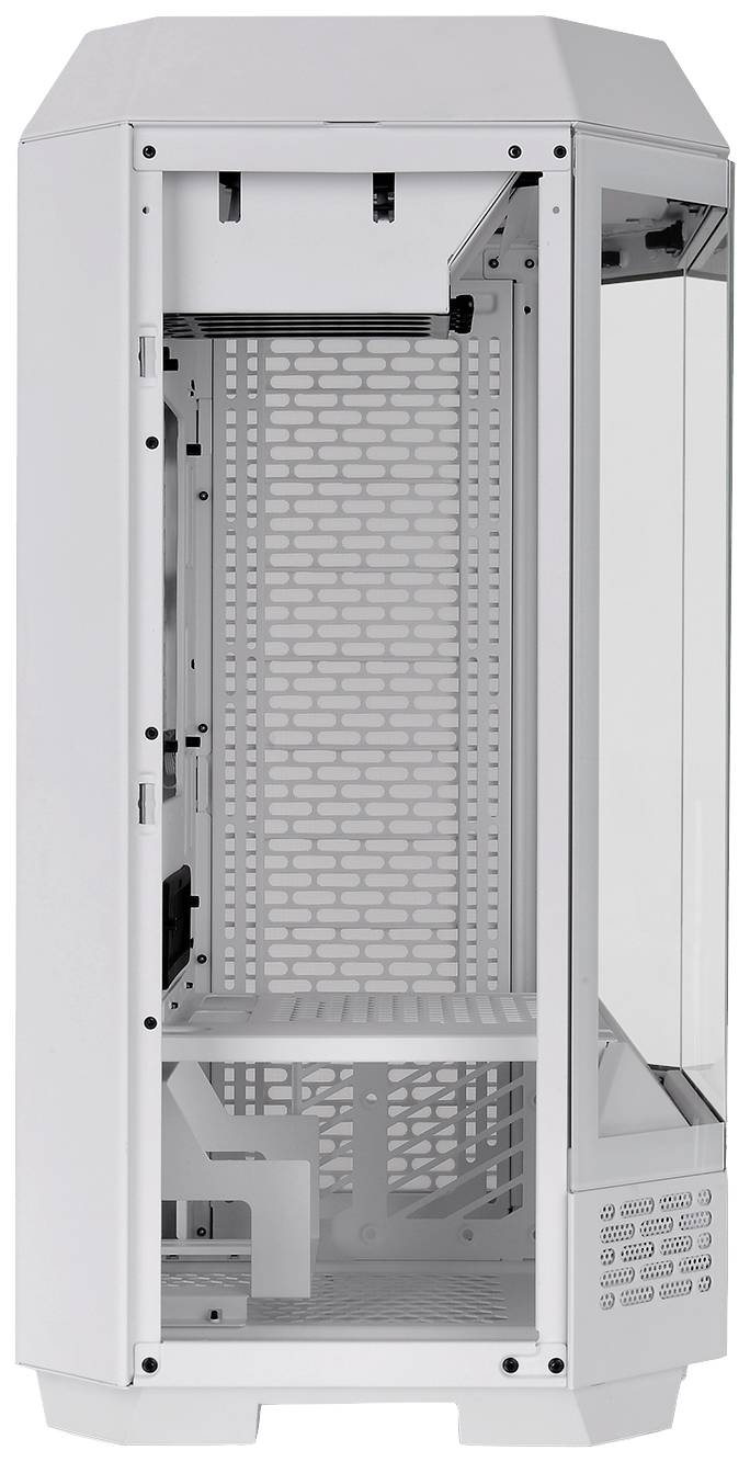 Weißes Computergehäuse mit Glasfronten, zeigt leeres Inneres zur Belüftung und Komponentenanordnung.