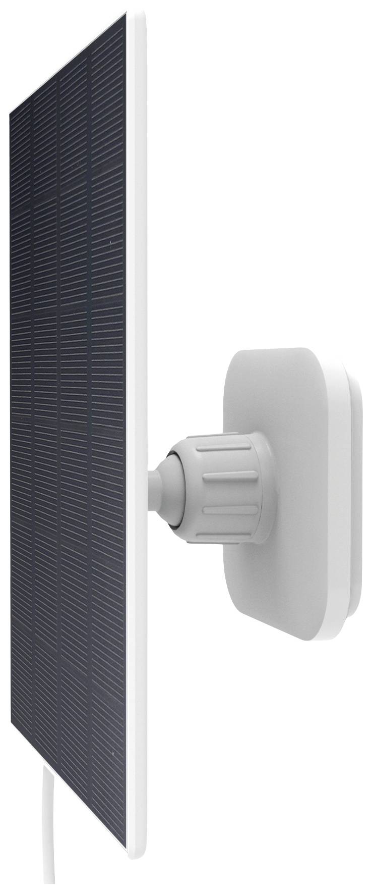 Seitliche Ansicht eines rechteckigen Solarmoduls, das an einer Wandhalterung befestigt ist.