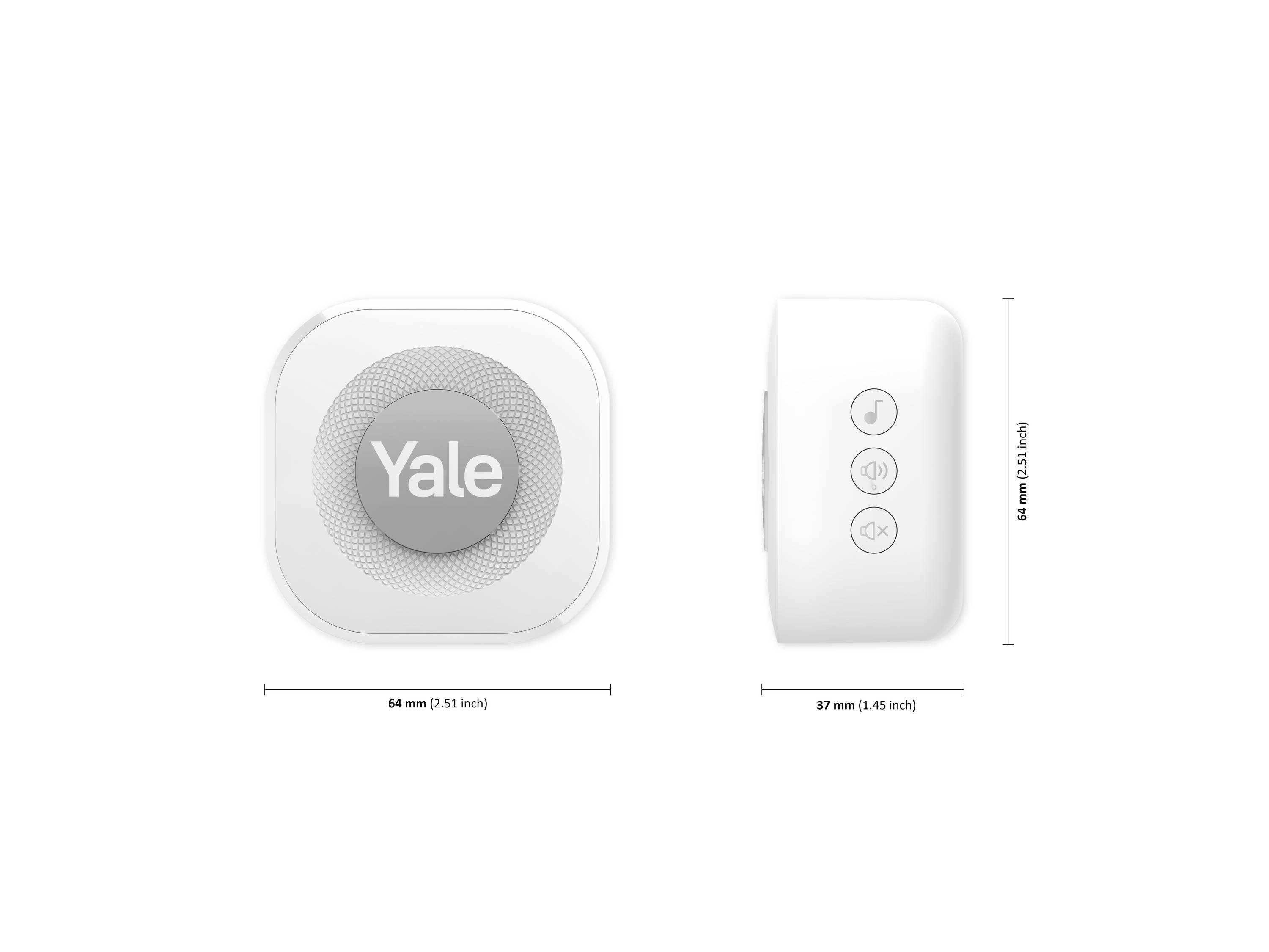 Smart-Lautsprecher 'Yale' aus weißem Kunststoff, Vorder- und Seitenansicht gezeigt. Maße: 64 mm Breite, 37 mm Dicke.