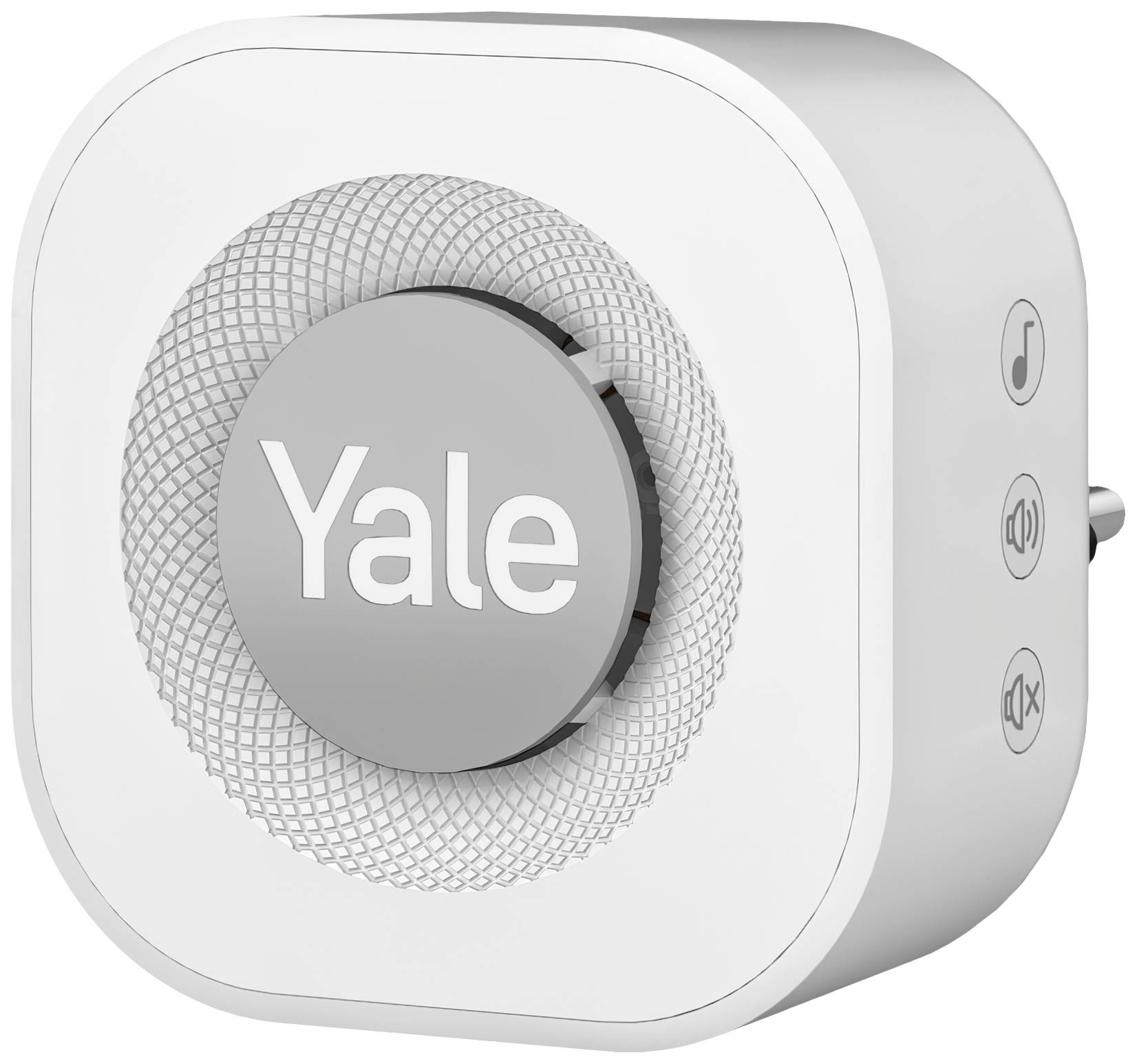 Weißer Yale-Sensor mit integrierten Lautsprechern und Kontrollknöpfen, geeignet für Sicherheitsanwendungen.