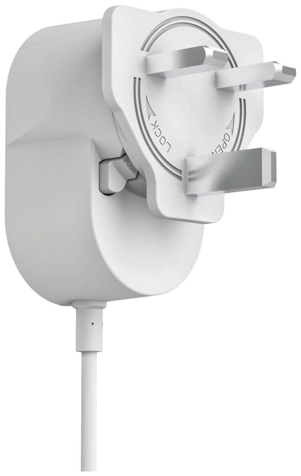Ein weißer Adapterstecker mit drei Stiften und einem Schlossmechanismus zum Verriegeln und Entriegeln, seitlich betrachtet.