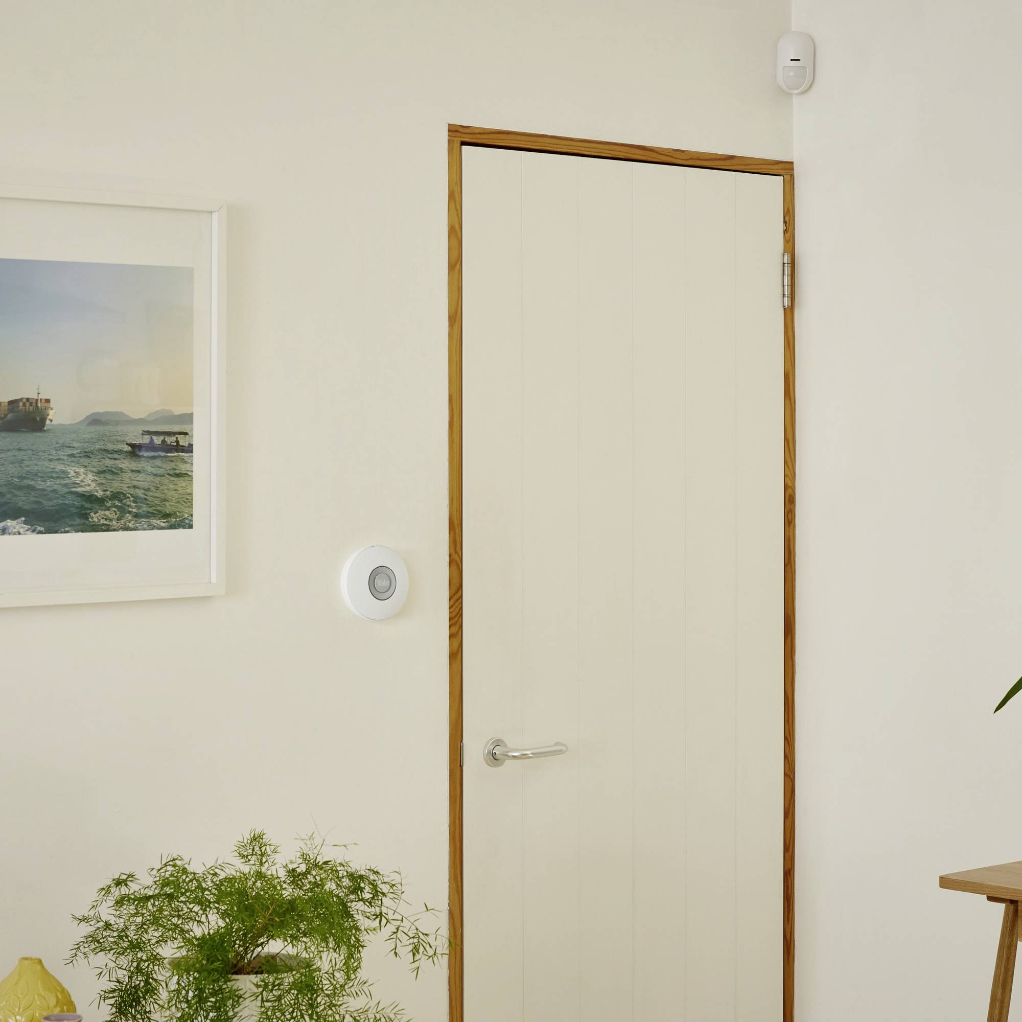 Ein heller Raum mit einer geschlossenen Holztür, einem grünen Pflanzenstrauch, einem runden Thermostat an der Wand und einem Seefoto.