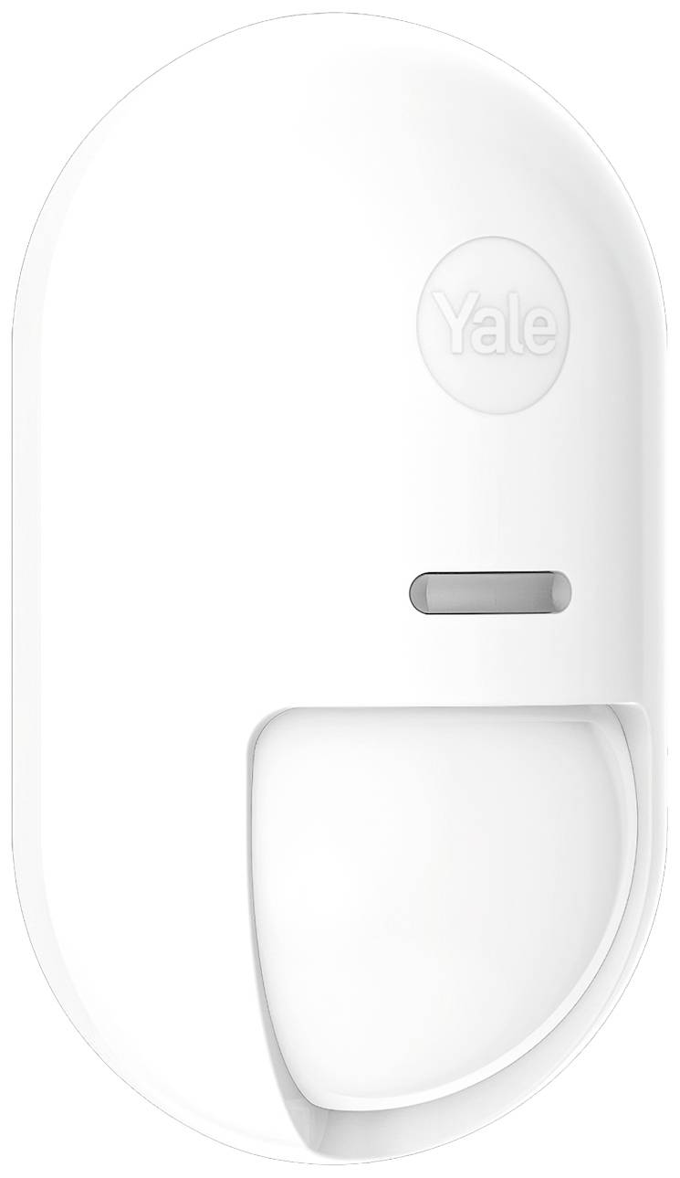 Weißer Yale-Bewegungssensor mit ovalem Design, einem kleinen Erkennungsfenster und dem Yale-Logo oben.