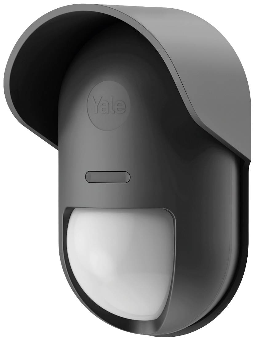 Grauer Bewegungssensor mit gewölbter Abdeckung und weißem Sensorfeld, geeignet für Sicherheitsanlagen.