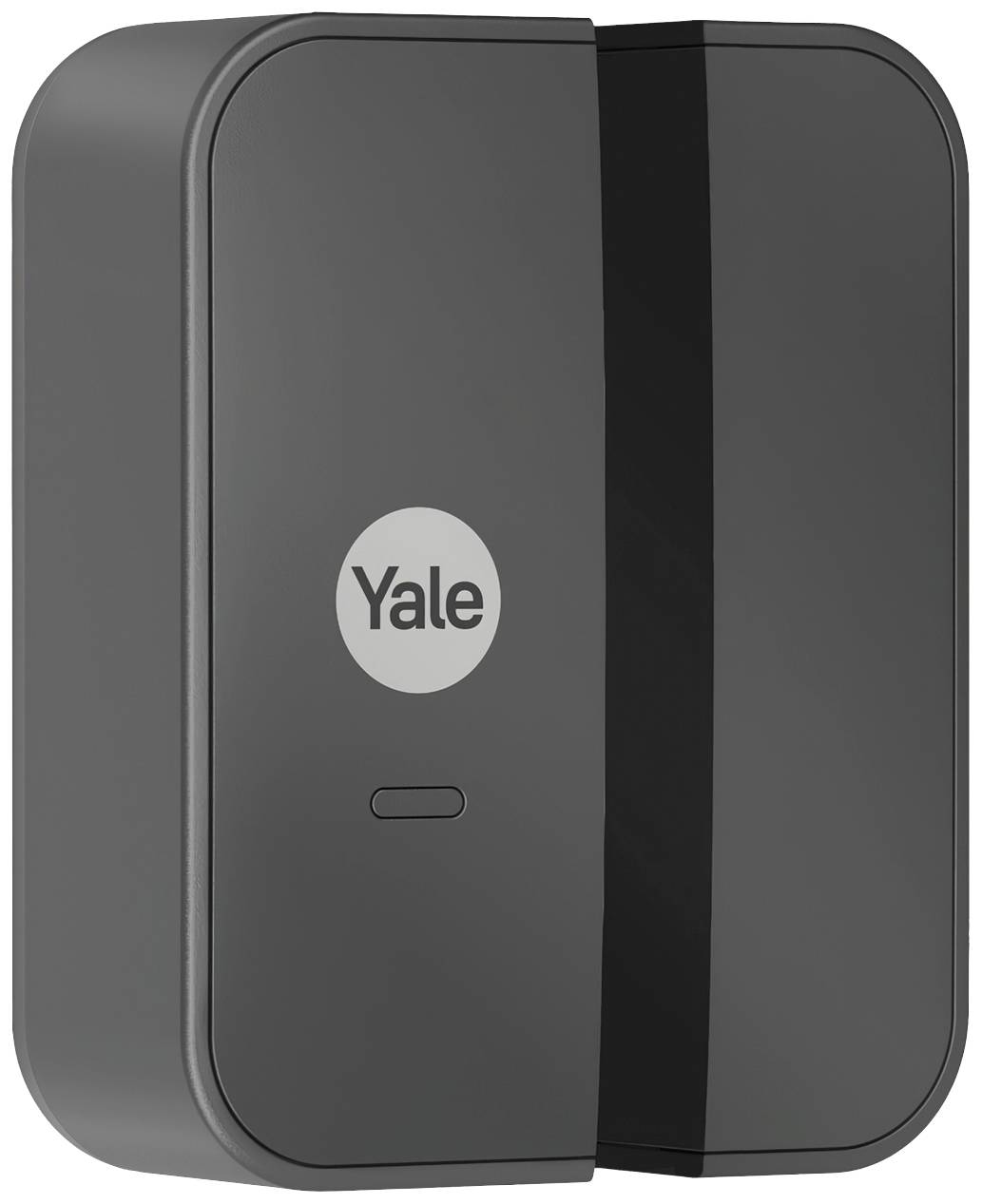 Elektronisches Türschloss von Yale in schwarzem Gehäuse mit zentralem Logo und Taste oberhalb. Funktioniert über smartes Zugangssystem.