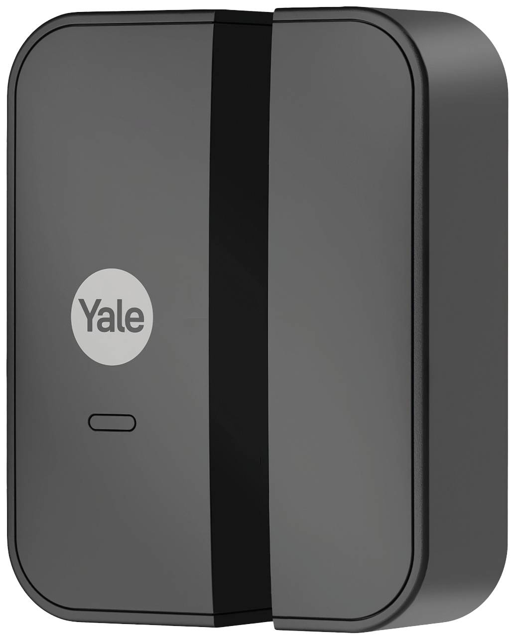 Ein schwarzes, rechteckiges Türschloss mit dem Logo 'Yale'. Es hat einen schlanken, modernen Look und wird elektronisch betrieben.