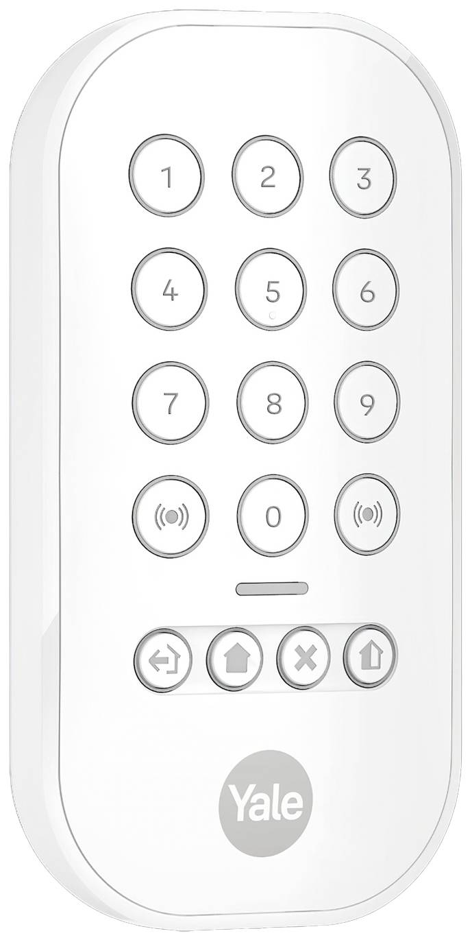Ein elektronisches Zahlenschloss mit weißen Tasten auf weißem Gehäuse. Tasten von 0 bis 9 sowie Symbole für Funktionen sind sichtbar.