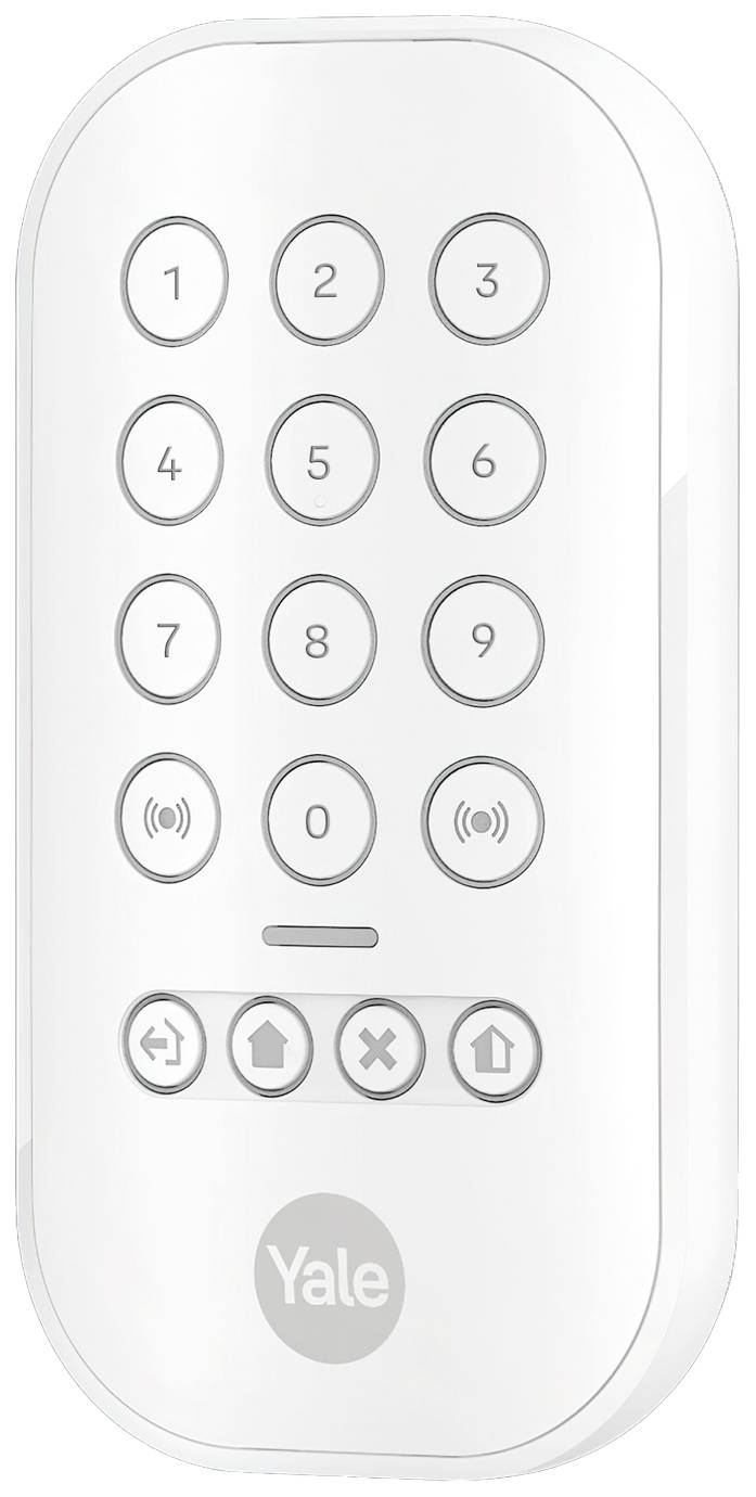Weiße elektronische Türschlosstastatur mit Zahlenknöpfen von 0 bis 9, Symbolen für Kartenleser und Funktionen 'OK', 'Zurück', 'Home', 'Yale'-Logo unten.