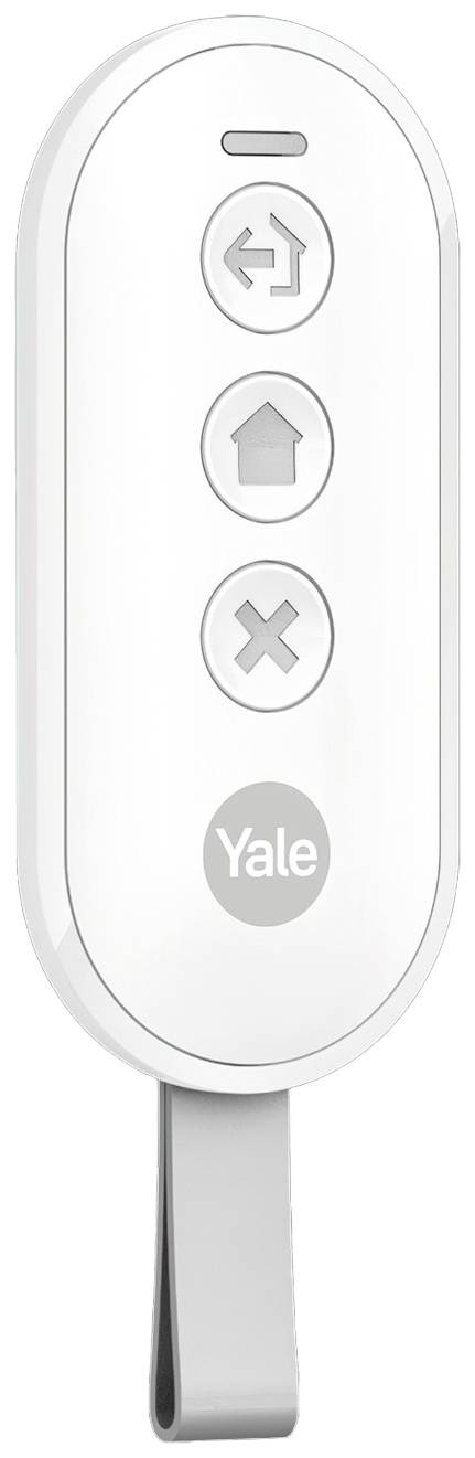 Ein weißer Fernbedienungsanhänger mit drei Tasten: Pfeil zurück, Haus und X. Unten steht 'Yale'.