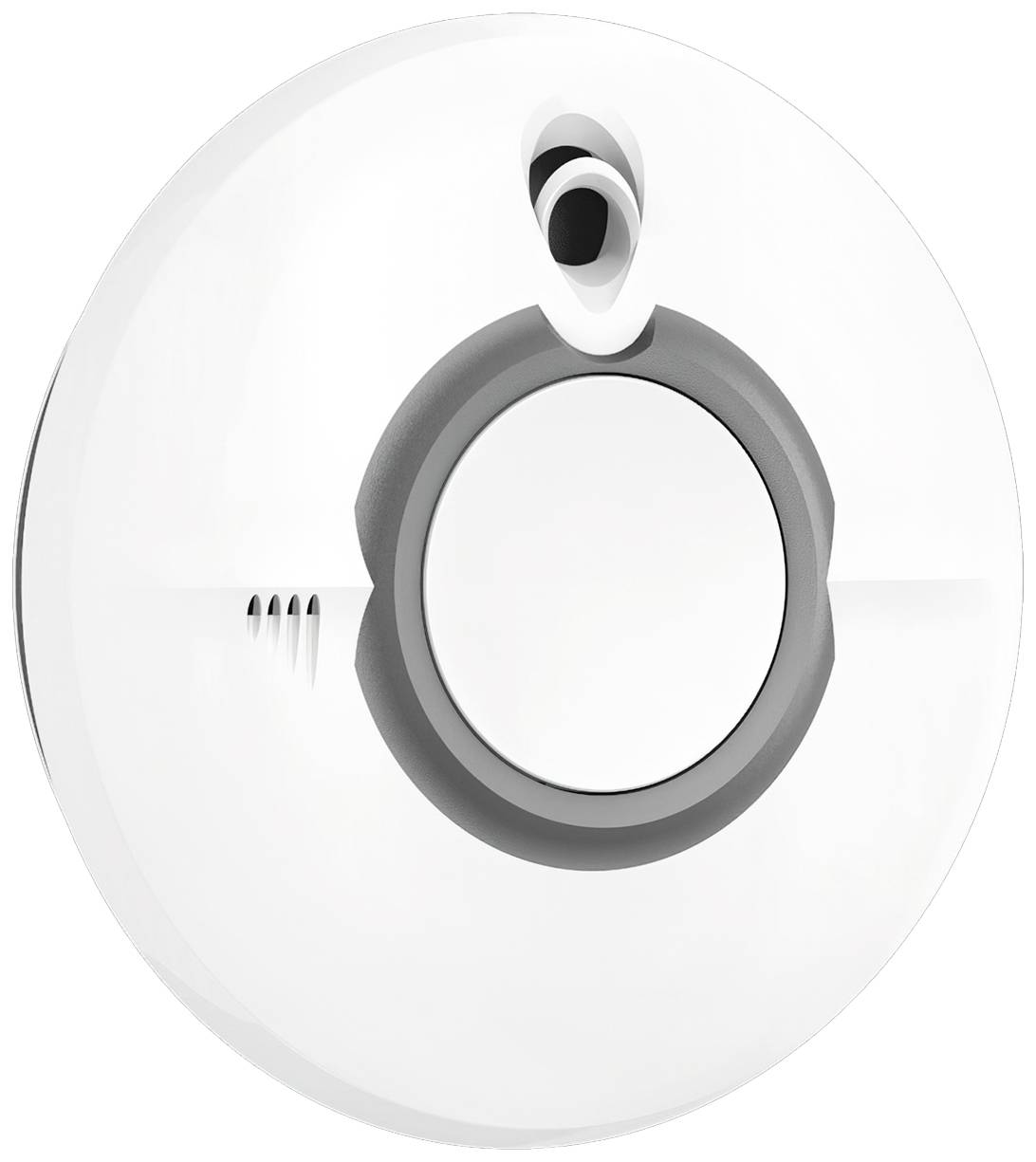 Runder, weißer Rauchmelder mit grauem Ring in der Mitte und kleinem ovalen Sensor oben.