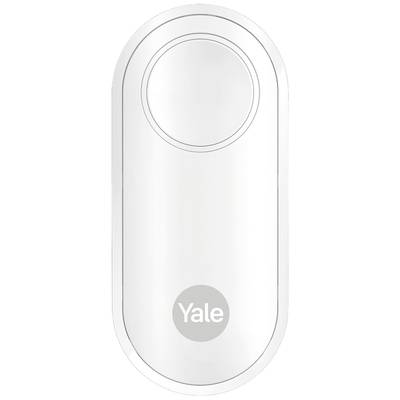 Weiße moderne Klingel mit rundem Knopf in der Oberseite, darunter das Logo 'Yale'. Sie hat ein minimalistisches Design.