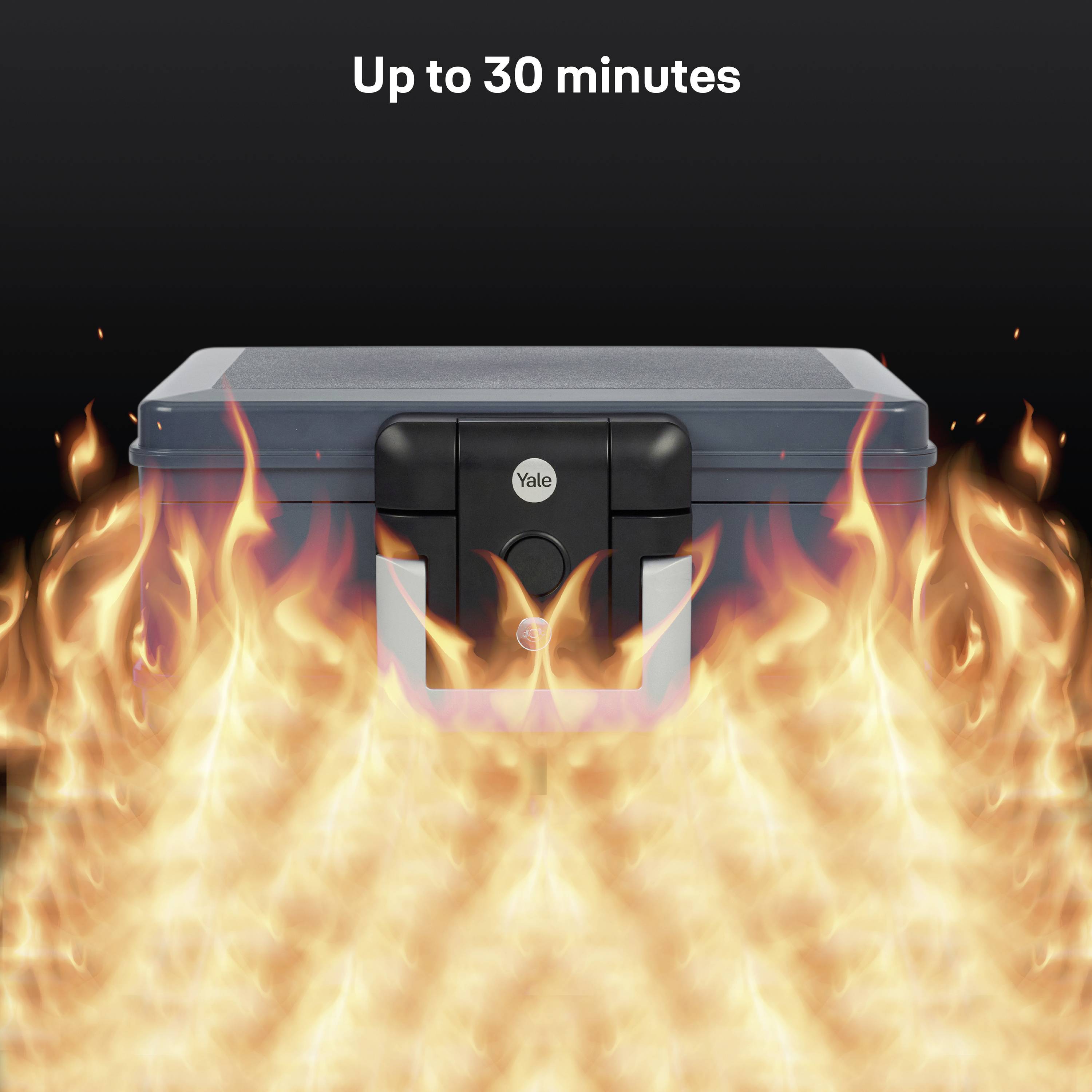 Ein schwarzer Safe mit Markenlogo, umgeben von Flammen, symbolisiert Hitzebeständigkeit bis zu 30 Minuten.