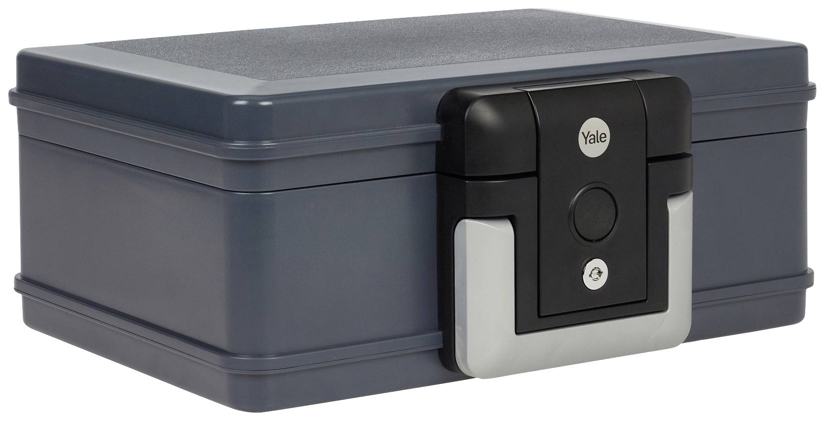 Ein grauer Tresor mit schwarzem Verschlussmechanismus und einem zentralen Knopf. 