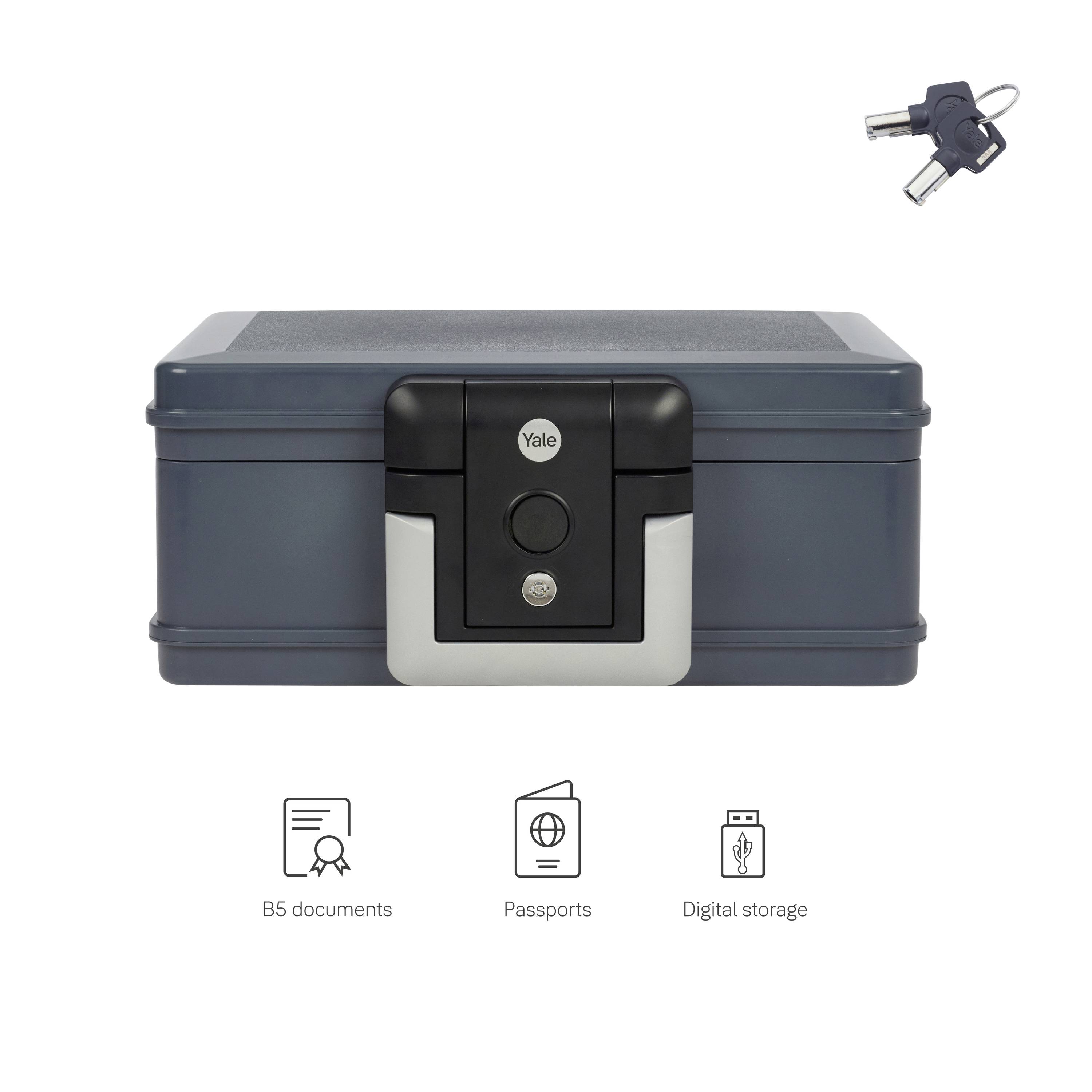 Eine graue Sicherheitsbox mit Schlüsselschloss, geeignet für B5-Dokumente, Pässe und digitale Datenspeicherung. Abgebildet mit Schlüsselpaar.