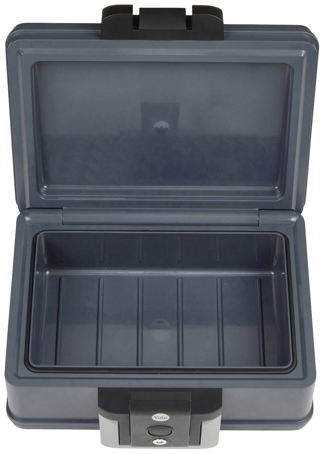 Ein offener, leerer Tresor mit schwarzem Gehäuse und grauem Innenraum. Geeignet zur sicheren Aufbewahrung kleiner Wertgegenstände.