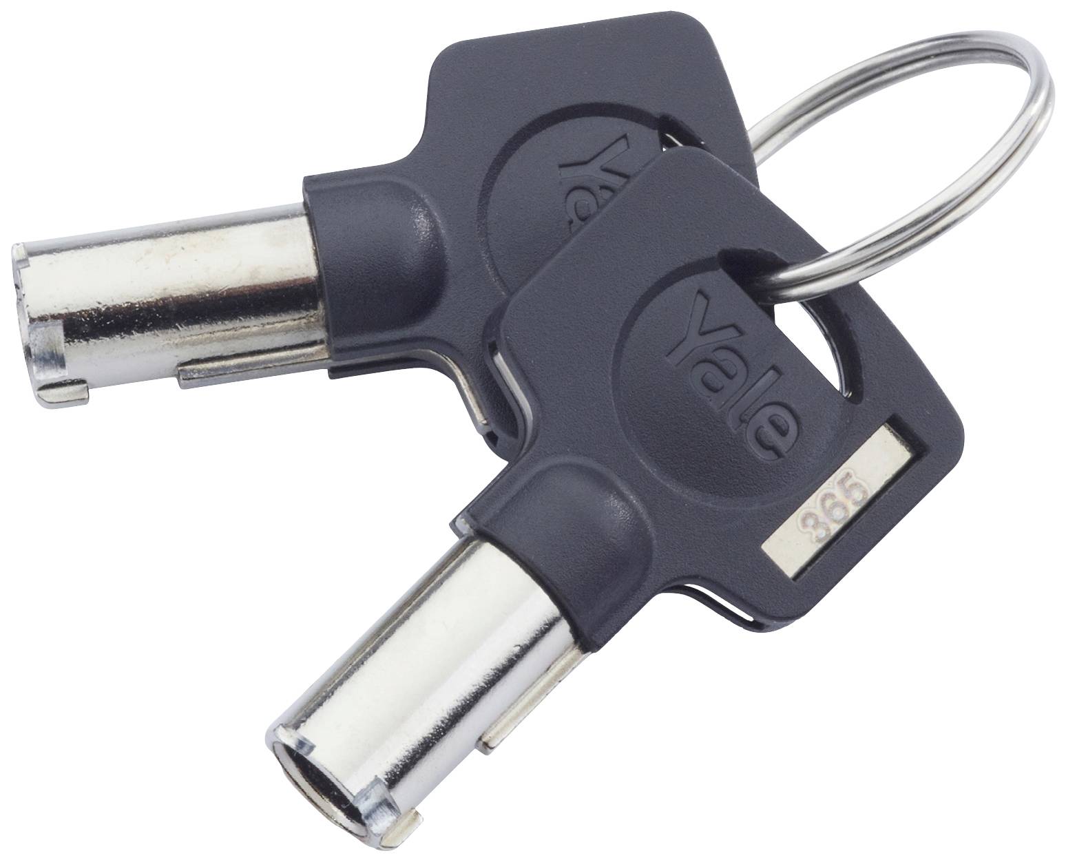 Zwei schwarze Sicherheitsschlüssel mit zylindrischem Kopf, die an einem Metallring befestigt sind.